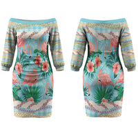 Flamingo Hawaii Summer Couples Matching Off The Shoulder Long Sleeve Dress and Hawaiian Shirt Hawaiian Lei Pakala Motifs Tropical Style LT14 - Polynesian Pride