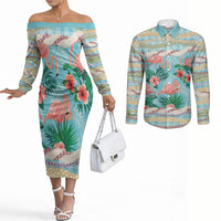 Flamingo Hawaii Summer Couples Matching Off The Shoulder Long Sleeve Dress and Long Sleeve Button Shirt Hawaiian Lei Pakala Motifs Tropical Style LT14 Cyan - Polynesian Pride