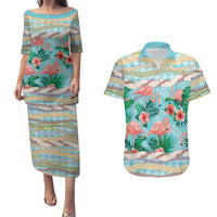 Flamingo Hawaii Summer Couples Matching Puletasi and Hawaiian Shirt Hawaiian Lei Pakala Motifs Tropical Style