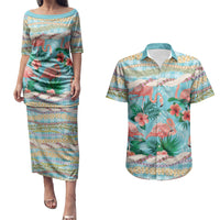 Flamingo Hawaii Summer Couples Matching Puletasi and Hawaiian Shirt Hawaiian Lei Pakala Motifs Tropical Style LT14 Cyan - Polynesian Pride