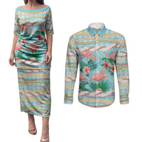 Flamingo Hawaii Summer Couples Matching Puletasi and Long Sleeve Button Shirt Hawaiian Lei Pakala Motifs Tropical Style LT14 Cyan - Polynesian Pride