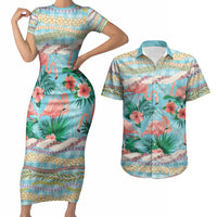 Flamingo Hawaii Summer Couples Matching Short Sleeve Bodycon Dress and Hawaiian Shirt Hawaiian Lei Pakala Motifs Tropical Style LT14 Cyan - Polynesian Pride