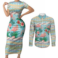 Flamingo Hawaii Summer Couples Matching Short Sleeve Bodycon Dress and Long Sleeve Button Shirt Hawaiian Lei Pakala Motifs Tropical Style LT14 Cyan - Polynesian Pride