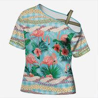 Flamingo Hawaii Summer Cross Shoulder Shirt Hawaiian Lei Pakala Motifs Tropical Style