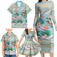 Flamingo Hawaii Summer Family Matching Long Sleeve Bodycon Dress and Hawaiian Shirt Hawaiian Lei Pakala Motifs Tropical Style LT14 - Polynesian Pride
