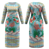 Flamingo Hawaii Summer Family Matching Long Sleeve Bodycon Dress and Hawaiian Shirt Hawaiian Lei Pakala Motifs Tropical Style LT14 Mom's Dress Cyan - Polynesian Pride