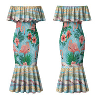 Flamingo Hawaii Summer Family Matching Mermaid Dress and Hawaiian Shirt Hawaiian Lei Pakala Motifs Tropical Style LT14 Mom's Dress Cyan - Polynesian Pride