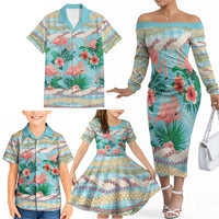 Flamingo Hawaii Summer Family Matching Off The Shoulder Long Sleeve Dress and Hawaiian Shirt Hawaiian Lei Pakala Motifs Tropical Style LT14 - Polynesian Pride