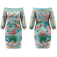 Flamingo Hawaii Summer Family Matching Off The Shoulder Long Sleeve Dress and Hawaiian Shirt Hawaiian Lei Pakala Motifs Tropical Style LT14 Mom's Dress Cyan - Polynesian Pride