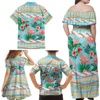 Flamingo Hawaii Summer Family Matching Off Shoulder Maxi Dress and Hawaiian Shirt Hawaiian Lei Pakala Motifs Tropical Style