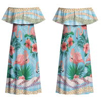 Flamingo Hawaii Summer Family Matching Off Shoulder Maxi Dress and Hawaiian Shirt Hawaiian Lei Pakala Motifs Tropical Style LT14 Mom's Dress Cyan - Polynesian Pride