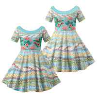 Flamingo Hawaii Summer Family Matching Off Shoulder Maxi Dress and Hawaiian Shirt Hawaiian Lei Pakala Motifs Tropical Style LT14 Daughter's Dress Cyan - Polynesian Pride