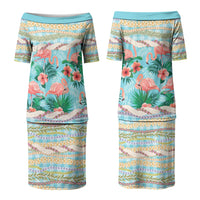 Flamingo Hawaii Summer Family Matching Puletasi and Hawaiian Shirt Hawaiian Lei Pakala Motifs Tropical Style LT14 Mom's Dress Cyan - Polynesian Pride