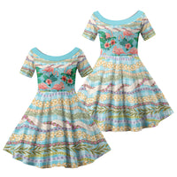 Flamingo Hawaii Summer Family Matching Puletasi and Hawaiian Shirt Hawaiian Lei Pakala Motifs Tropical Style LT14 Daughter's Dress Cyan - Polynesian Pride
