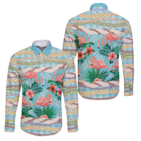 Flamingo Hawaii Summer Family Matching Summer Maxi Dress and Hawaiian Shirt Hawaiian Lei Pakala Motifs Tropical Style LT14 Dad's Shirt - Long Sleeve Cyan - Polynesian Pride