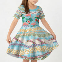 Flamingo Hawaii Summer Kid Short Sleeve Dress Hawaiian Lei Pakala Motifs Tropical Style LT14 KID Cyan - Polynesian Pride
