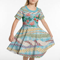 Flamingo Hawaii Summer Kid Short Sleeve Dress Hawaiian Lei Pakala Motifs Tropical Style LT14 - Polynesian Pride