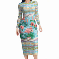 Flamingo Hawaii Summer Long Sleeve Bodycon Dress Hawaiian Lei Pakala Motifs Tropical Style LT14 Long Dress Cyan - Polynesian Pride