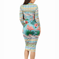 Flamingo Hawaii Summer Long Sleeve Bodycon Dress Hawaiian Lei Pakala Motifs Tropical Style LT14 - Polynesian Pride