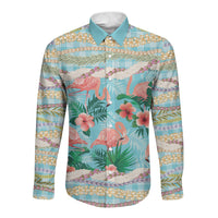 Flamingo Hawaii Summer Long Sleeve Button Shirt Hawaiian Lei Pakala Motifs Tropical Style LT14 Unisex Cyan - Polynesian Pride