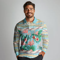 Flamingo Hawaii Summer Long Sleeve Polo Shirt Hawaiian Lei Pakala Motifs Tropical Style