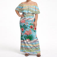 Flamingo Hawaii Summer Off Shoulder Maxi Dress Hawaiian Lei Pakala Motifs Tropical Style LT14 Women Cyan - Polynesian Pride