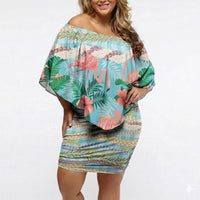Flamingo Hawaii Summer Off Shoulder Short Dress Hawaiian Lei Pakala Motifs Tropical Style LT14 Women Cyan - Polynesian Pride