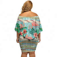 Flamingo Hawaii Summer Off Shoulder Short Dress Hawaiian Lei Pakala Motifs Tropical Style LT14 - Polynesian Pride