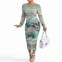 Flamingo Hawaii Summer Off The Shoulder Long Sleeve Dress Hawaiian Lei Pakala Motifs Tropical Style LT14 Women Cyan - Polynesian Pride
