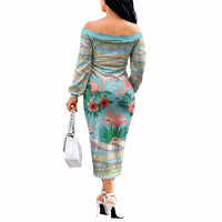 Flamingo Hawaii Summer Off The Shoulder Long Sleeve Dress Hawaiian Lei Pakala Motifs Tropical Style LT14 - Polynesian Pride