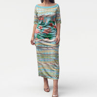 Flamingo Hawaii Summer Puletasi Hawaiian Lei Pakala Motifs Tropical Style LT14 Long Dress Cyan - Polynesian Pride