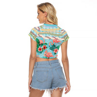 Flamingo Hawaii Summer Raglan Cropped T Shirt Hawaiian Lei Pakala Motifs Tropical Style