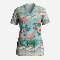 Flamingo Hawaii Summer Scrub Top Hawaiian Lei Pakala Motifs Tropical Style