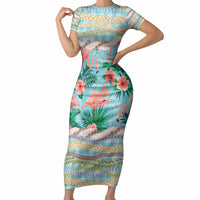 Flamingo Hawaii Summer Short Sleeve Bodycon Dress Hawaiian Lei Pakala Motifs Tropical Style LT14 Long Dress Cyan - Polynesian Pride