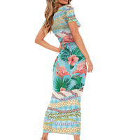 Flamingo Hawaii Summer Short Sleeve Bodycon Dress Hawaiian Lei Pakala Motifs Tropical Style