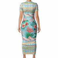 Flamingo Hawaii Summer Short Sleeve Bodycon Dress Hawaiian Lei Pakala Motifs Tropical Style LT14 - Polynesian Pride