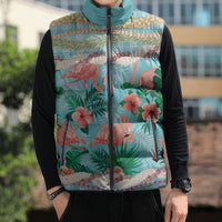 Flamingo Hawaii Summer Sleeveless Puffer Jacket Hawaiian Lei Pakala Motifs Tropical Style