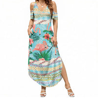 Flamingo Hawaii Summer Summer Maxi Dress Hawaiian Lei Pakala Motifs Tropical Style LT14 Women Cyan - Polynesian Pride