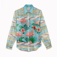 Flamingo Hawaii Summer Women Casual Shirt Hawaiian Lei Pakala Motifs Tropical Style
