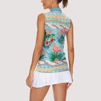 Flamingo Hawaii Summer Women Sleeveless Polo Shirt Hawaiian Lei Pakala Motifs Tropical Style
