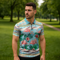 Flamingo Hawaii Summer Zipper Polo Shirt Hawaiian Lei Pakala Motifs Tropical Style LT14 - Polynesian Pride