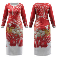 New Zealand Christmas In July Personalised Couples Matching Long Sleeve Bodycon Dress and Hawaiian Shirt Funny Santa Sheep Meri Kirihimete Red LT14 - Polynesian Pride
