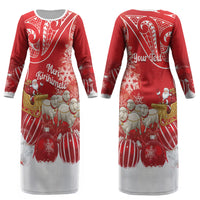 New Zealand Christmas In July Personalised Couples Matching Long Sleeve Bodycon Dress and Long Sleeve Button Shirt Funny Santa Sheep Meri Kirihimete Red LT14 - Polynesian Pride
