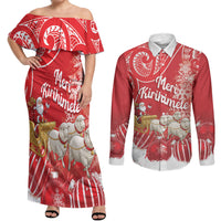New Zealand Christmas In July Personalised Couples Matching Off Shoulder Maxi Dress and Long Sleeve Button Shirt Funny Santa Sheep Meri Kirihimete Red LT14 Red - Polynesian Pride