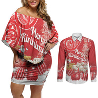 New Zealand Christmas In July Personalised Couples Matching Off Shoulder Short Dress and Long Sleeve Button Shirt Funny Santa Sheep Meri Kirihimete Red LT14 Red - Polynesian Pride