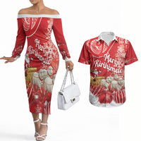 New Zealand Christmas In July Personalised Couples Matching Off The Shoulder Long Sleeve Dress and Hawaiian Shirt Funny Santa Sheep Meri Kirihimete Red LT14 Red - Polynesian Pride