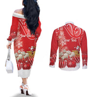 New Zealand Christmas In July Personalised Couples Matching Off The Shoulder Long Sleeve Dress and Long Sleeve Button Shirt Funny Santa Sheep Meri Kirihimete Red
