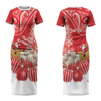 New Zealand Christmas In July Personalised Couples Matching Short Sleeve Bodycon Dress and Long Sleeve Button Shirt Funny Santa Sheep Meri Kirihimete Red LT14 - Polynesian Pride