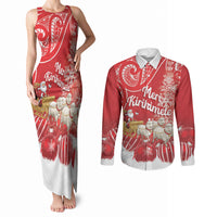 New Zealand Christmas In July Personalised Couples Matching Tank Maxi Dress and Long Sleeve Button Shirt Funny Santa Sheep Meri Kirihimete Red LT14 Red - Polynesian Pride