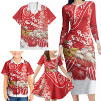 New Zealand Christmas In July Personalised Family Matching Long Sleeve Bodycon Dress and Hawaiian Shirt Funny Santa Sheep Meri Kirihimete Red LT14 - Polynesian Pride